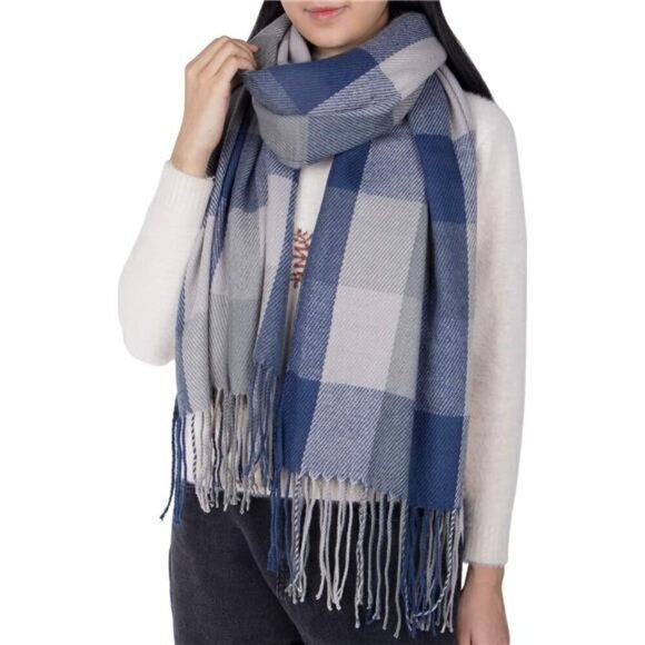 Blanket Scarf Long Plaid Women's Chunky Oversized Fall Warm Winter Grey Blue - Picture 1 of 7